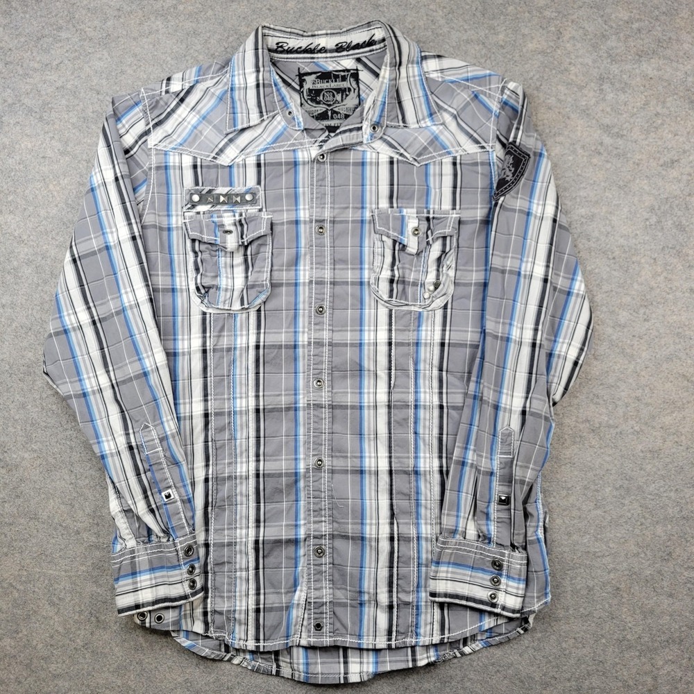 Buckle Black Label Shirt Mens Large Gray Plaid Snap Front Long Sleeve Casual